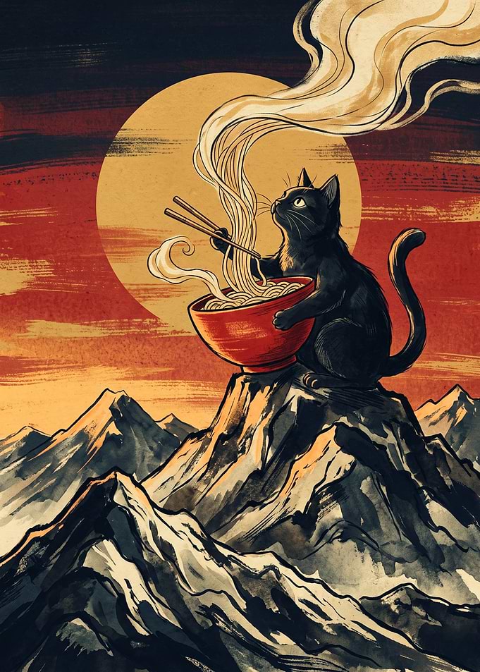 Black Cat Eating Ramen Noodles Mountain Sunset Japanese Woodblock Art
