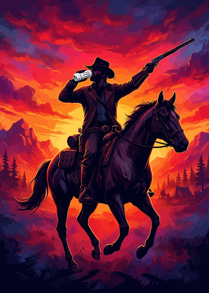 Cowboy Riding Horse at Sunset