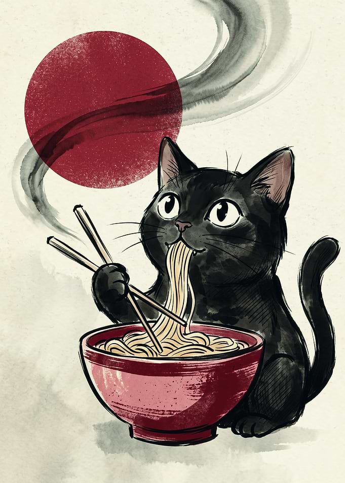 Black Cat Eating Ramen Japanese Watercolor Art Red Sun Noodle Bowl Cute Poster Print