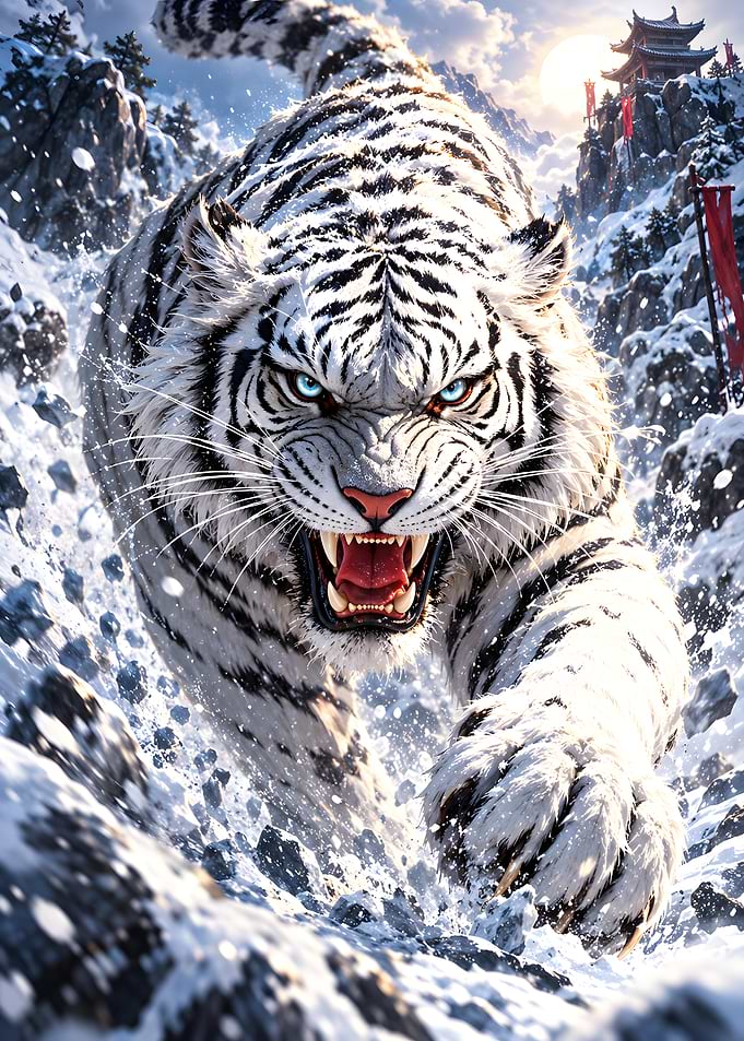 Fierce White Tiger in Snowy Mountains