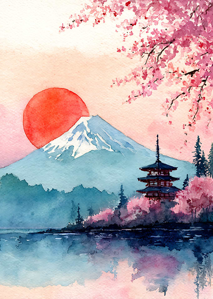 Watercolor Mount Fuji and Pagoda