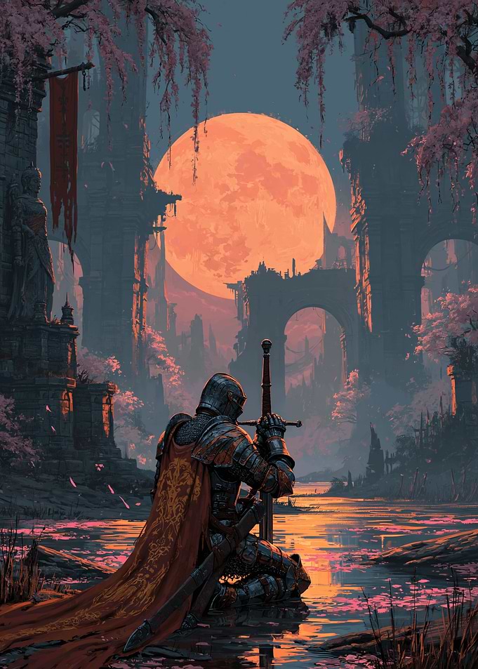 Knight Kneeling Before Giant Moon