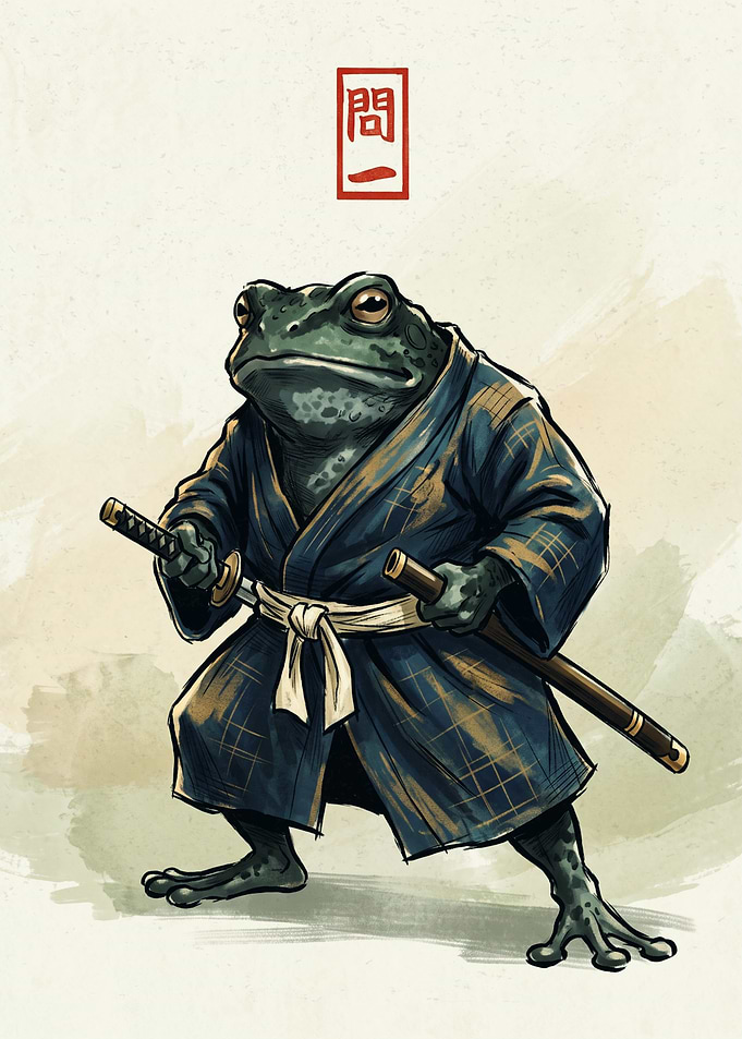 Samurai Frog Japanese Ink Art Print Warrior Toad With Katana Sword Wall Decor Poster