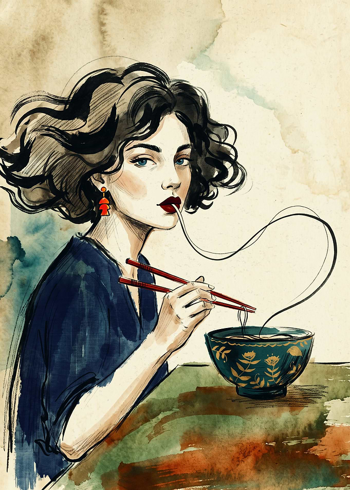 Woman Eating Noodles Watercolor Art Japanese Ramen Bowl Retro Illustration Wall Poster