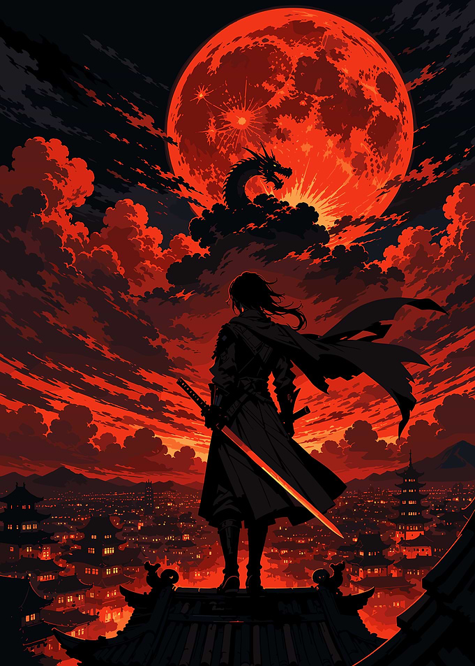 Samurai Warrior Under Red Moon