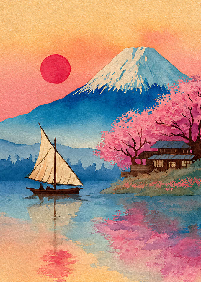 Mount Fuji and Cherry Blossoms Watercolor