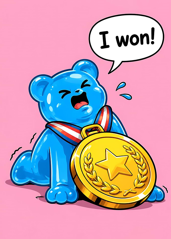 Blue Gummy Bear Winning Gold Medal