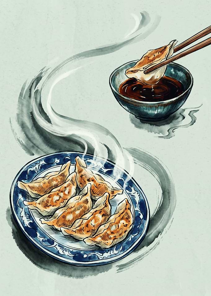 Dumpling Gyoza Japanese Watercolor Art Steaming Plate Chopsticks Soy Sauce Food Poster