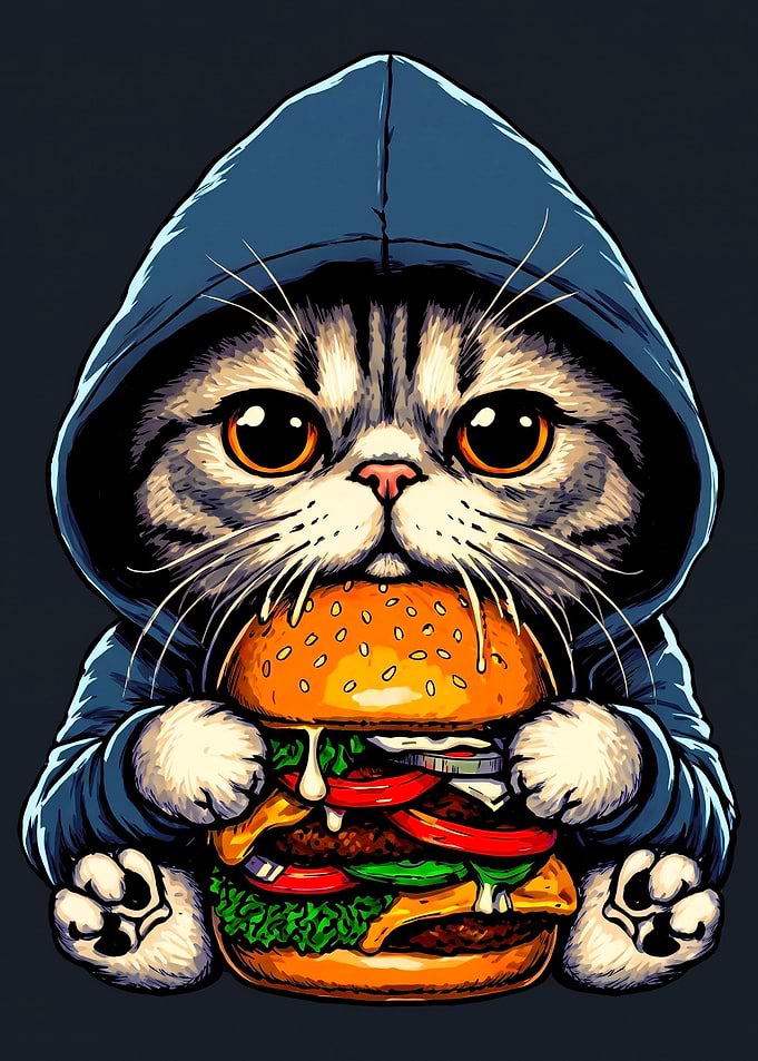 Cute Cat Wearing Hoodie Eating Burger