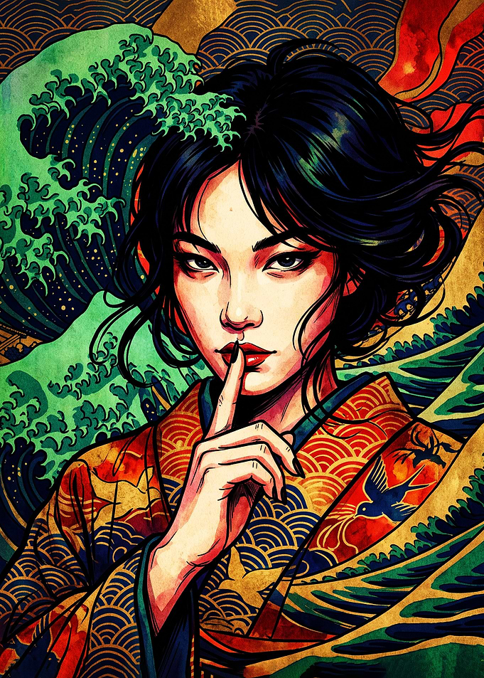 Japanese Woman with Hokusai Wave Art