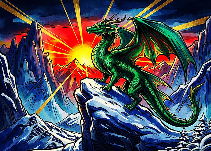 Green Dragon Perched on Mountain Peak