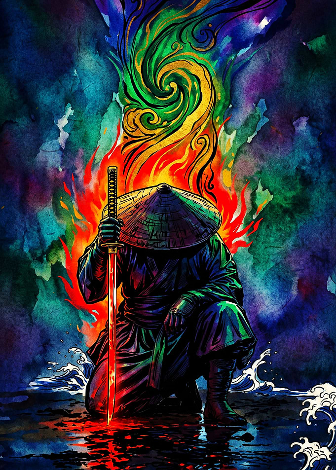 Kneeling Samurai with Glowing Katana