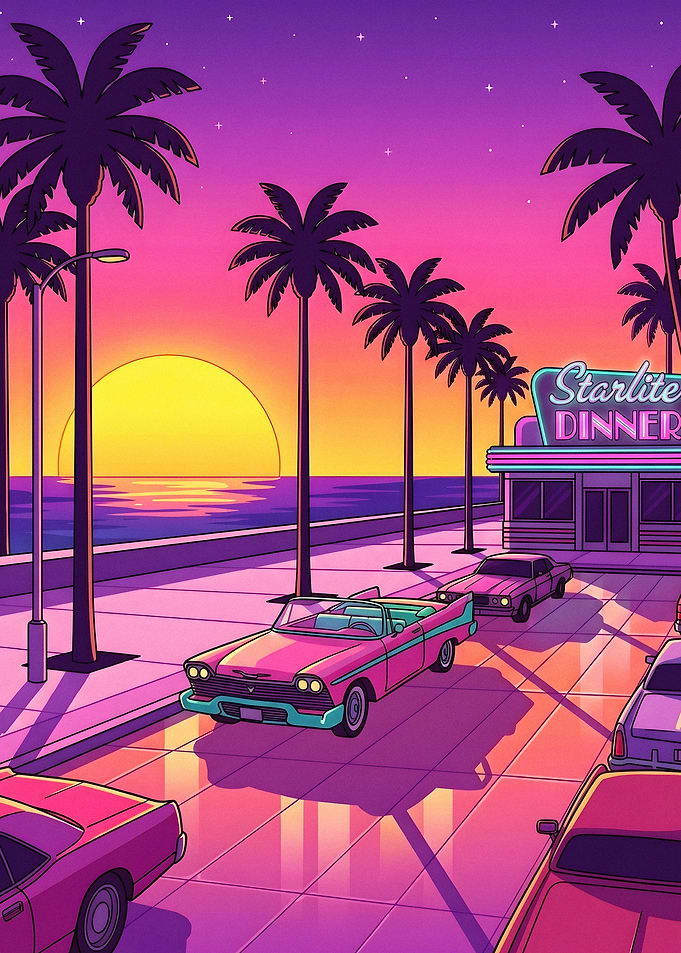 Retro Synthwave Starlite Diner Sunset