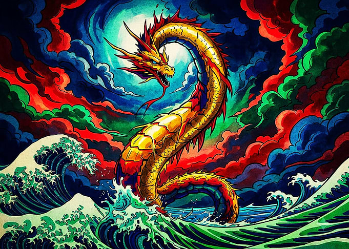 Golden Dragon Rising from Stormy Seas