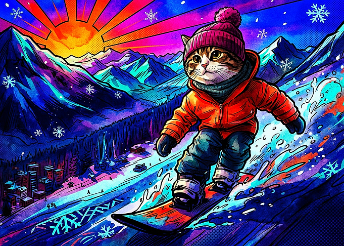 Cat Snowboarding in Vibrant Mountains