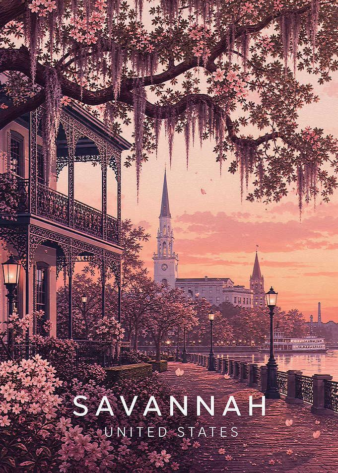 Savannah Georgia Sunset Travel Poster