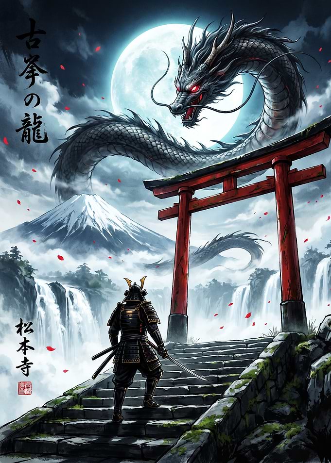 Samurai Facing Dragon at Torii Gate