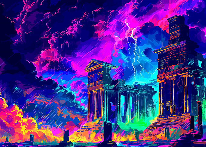 Neon Storm Over Ancient Ruins