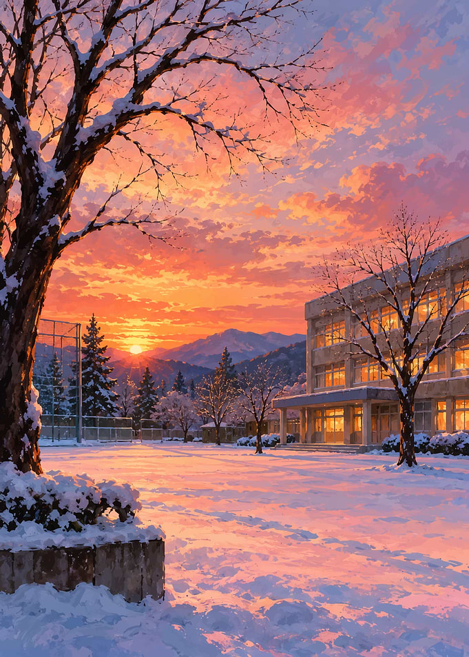 Snowy School Campus at Sunset