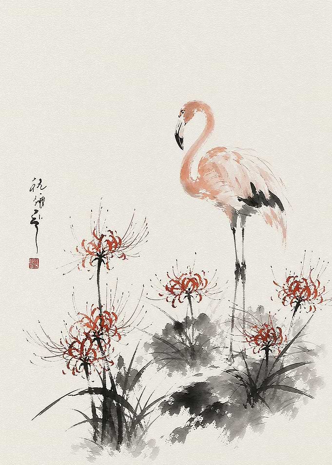 Flamingo and Red Spider Lilies