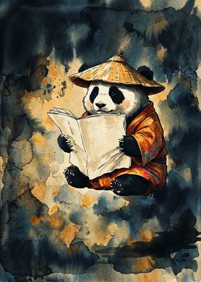 Panda Reading Book Watercolor Art Asian Cone Hat Traditional Robe Animal Wall Print