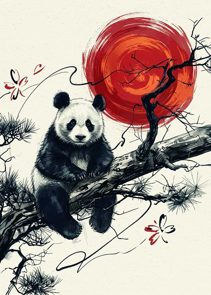 Panda Tree Japanese Ink Painting Red Sun Branch Blossom Oriental Asian Art Poster
