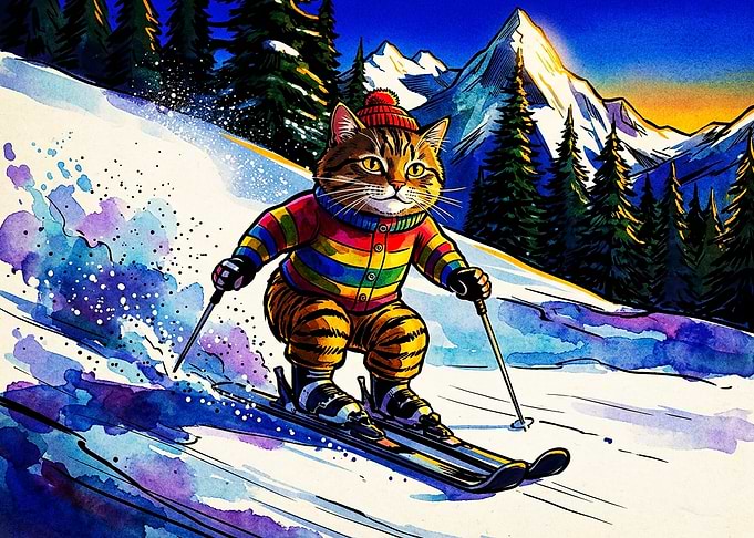 Cute Tabby Cat Skiing in Mountains