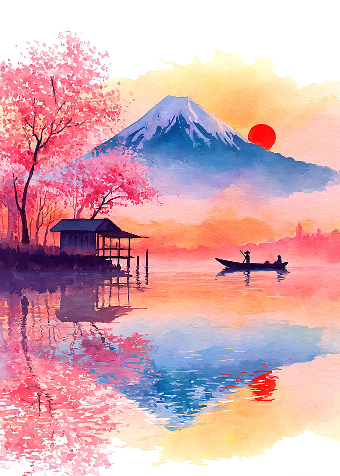 Watercolor Mount Fuji and Cherry Blossoms