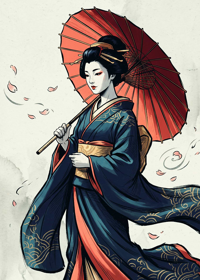 Geisha Kimono Ukiyo E Art Red Umbrella Traditional Japanese Culture Aesthetic Poster