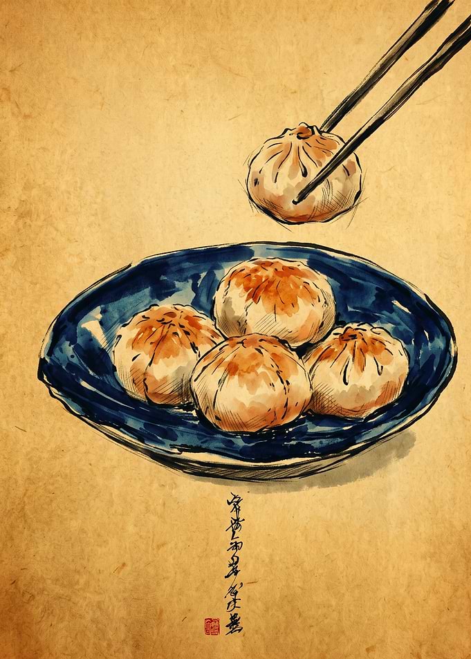 Chopsticks Picking Dumpling Food Art Asian Cuisine Chinese Restaurant Ink Wash Painting
