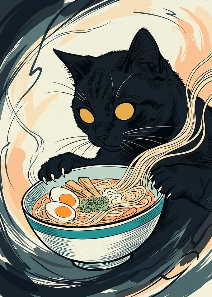 Black Cat Ramen Japanese Ukiyo E Art Print Noodles Bowl Foodie Lover Aesthetic Poster