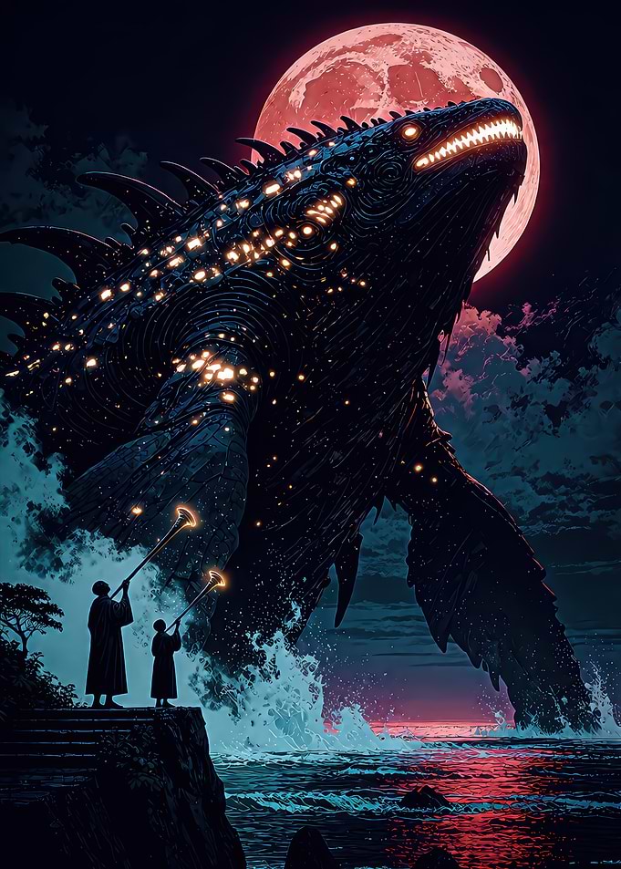 Giant Sea Monster Under Red Moon
