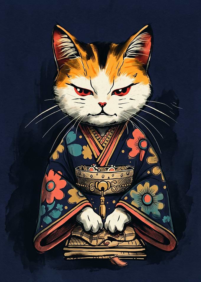 Cat Kimono Japanese Ukiyo E Art Print Cute Calico Cat Traditional Robe Floral Design