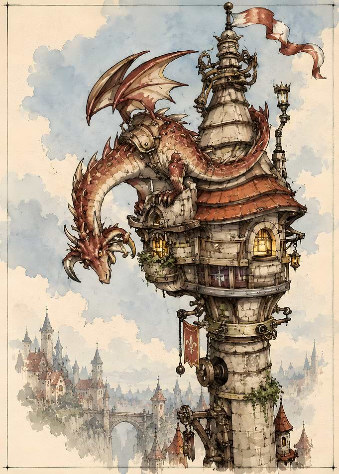 Dragon Perched on Fantasy Tower