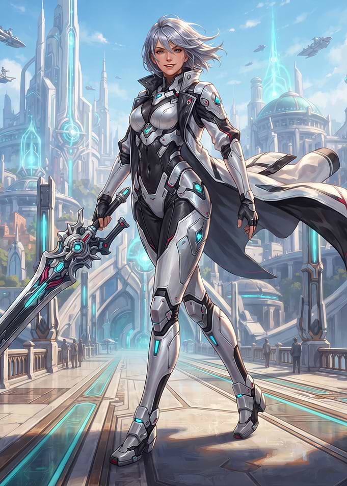 Futuristic Female Warrior in Sci-Fi City