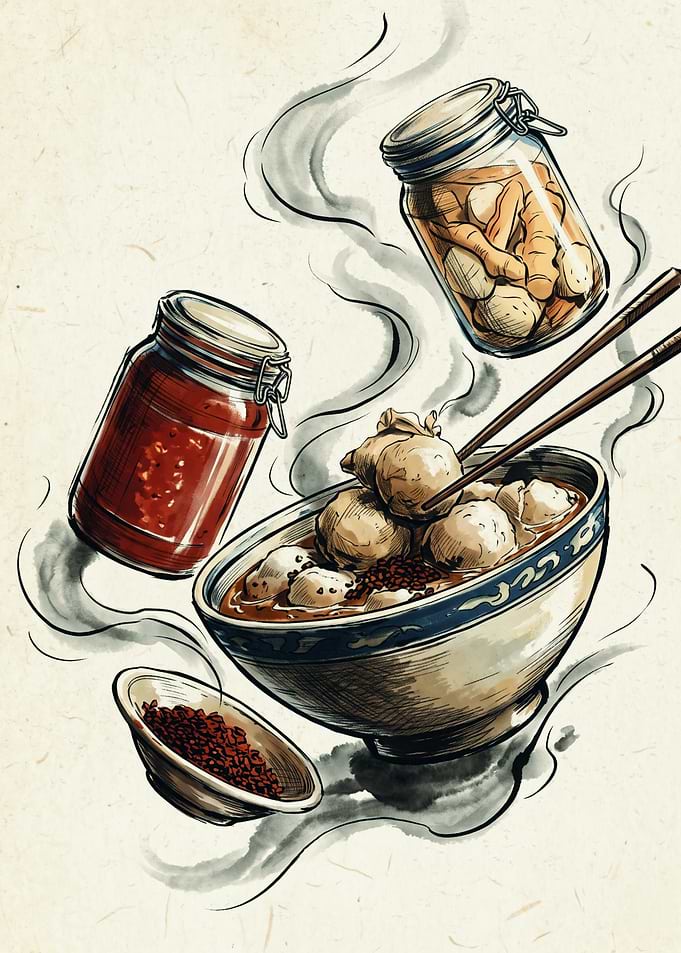 Asian Food Hot Pot Bowl With Jars And Chopsticks Ink Wash Art Style