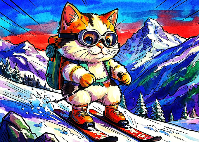 Cute Calico Cat Skiing in Mountains