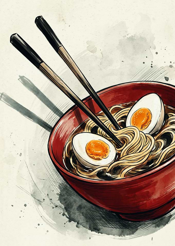 Ramen Bowl Japanese Food Watercolor Art Chopsticks Noodles Soft Boiled Egg Print Poster
