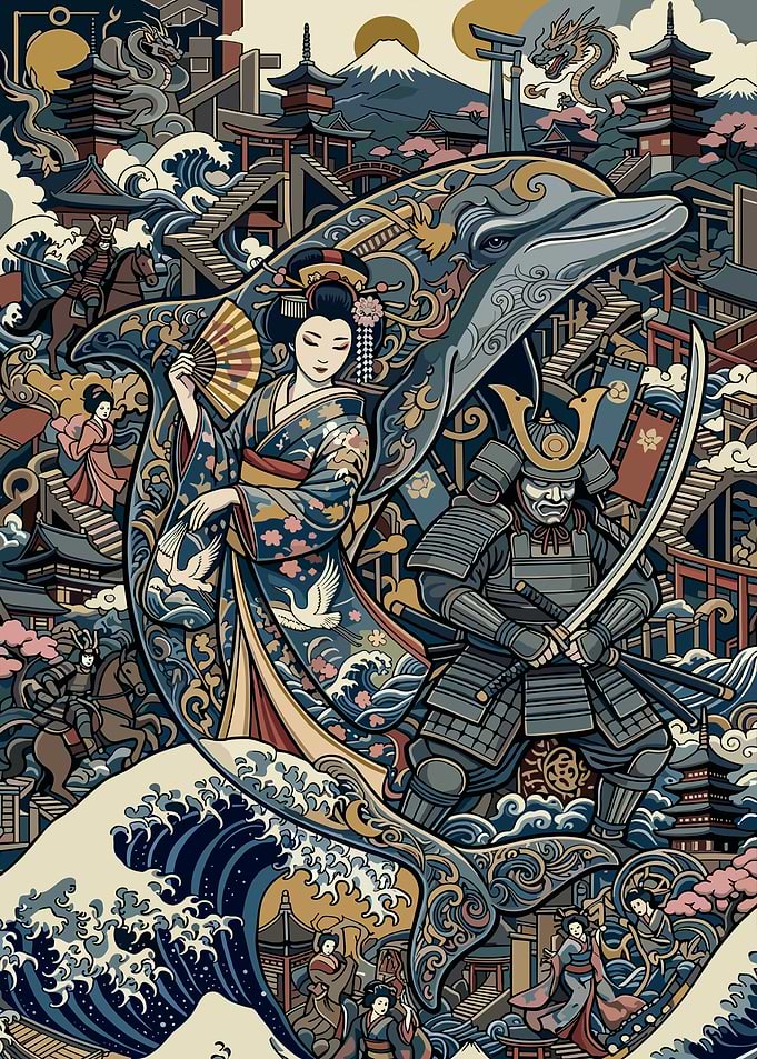Japanese Folklore Samurai and Geisha Art