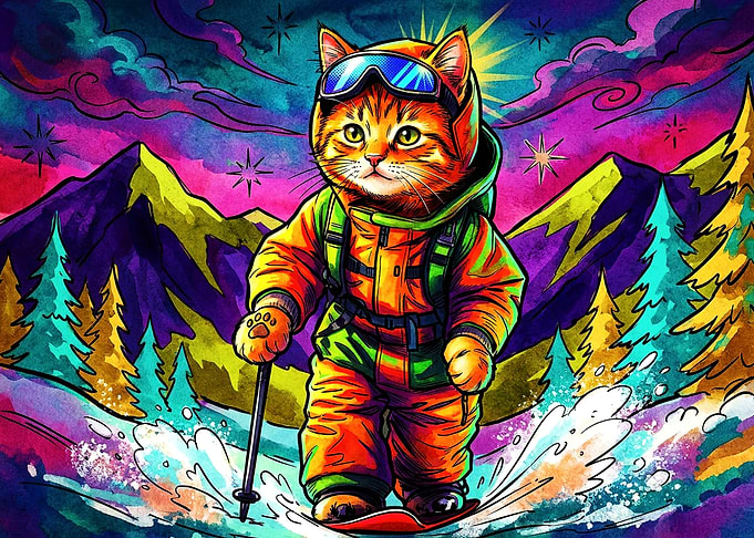 Psychedelic Cat Snowboarding Adventure