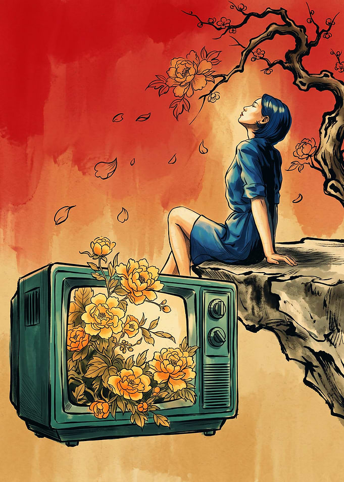 Woman Vintage Television Retro Art Print Yellow Flowers Branch Red Sky Aesthetic Poster