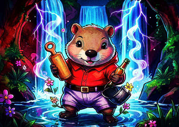Cute Wombat with Drinks and Waterfall