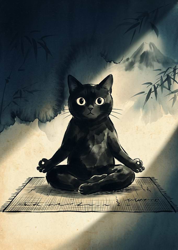 Meditating Black Cat Zen Animal Print Japanese Ink Wash Art