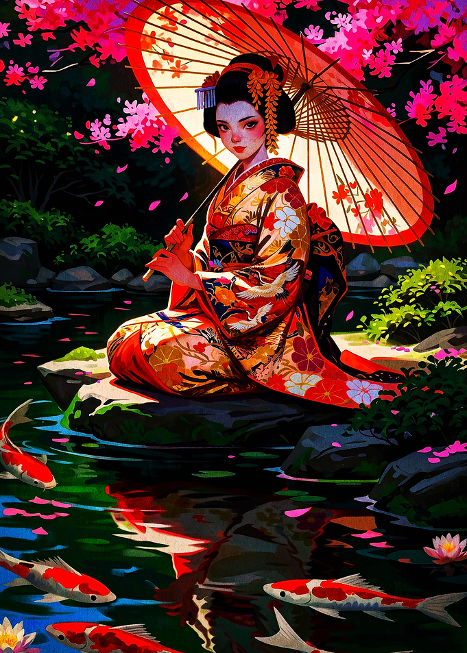 Geisha with Umbrella by Koi Pond