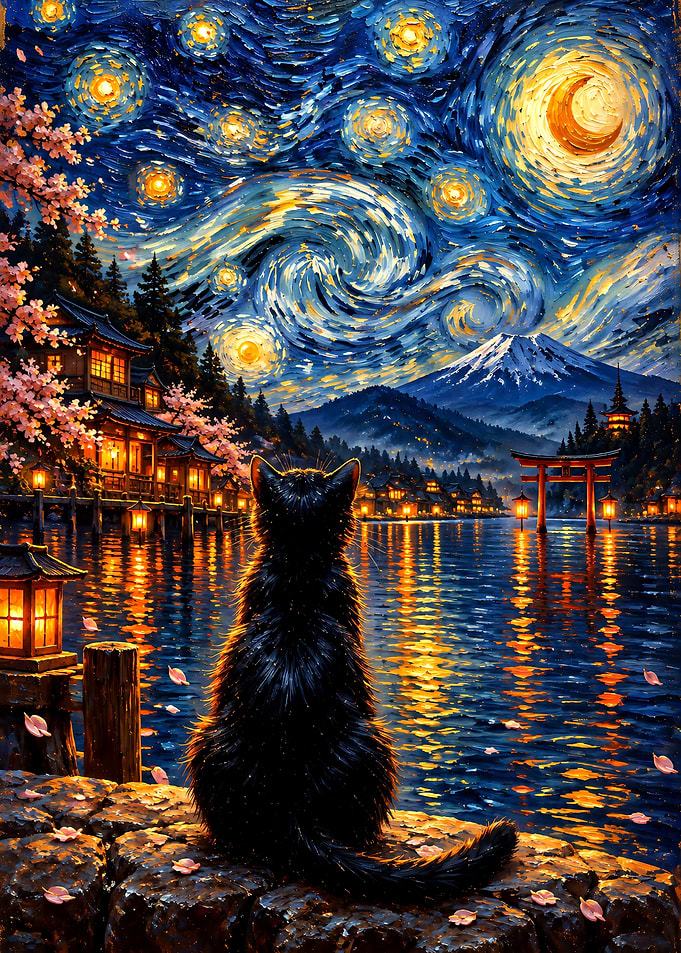 Black Cat Watching Starry Night Landscape