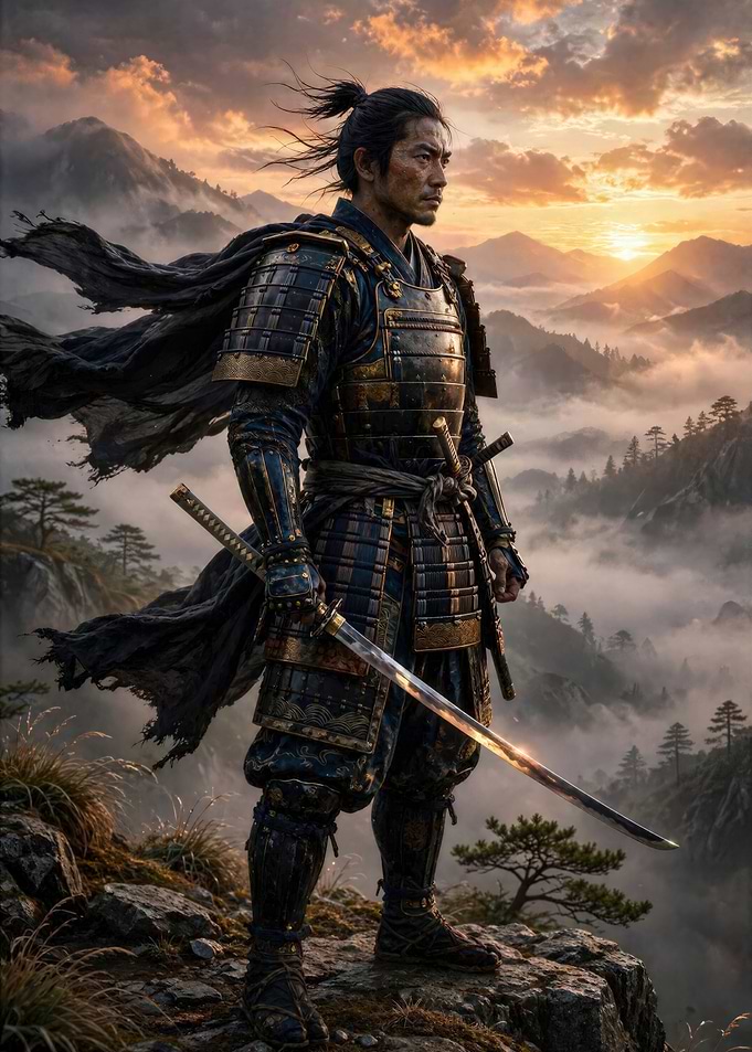 Samurai Warrior Standing on Mountain Peak