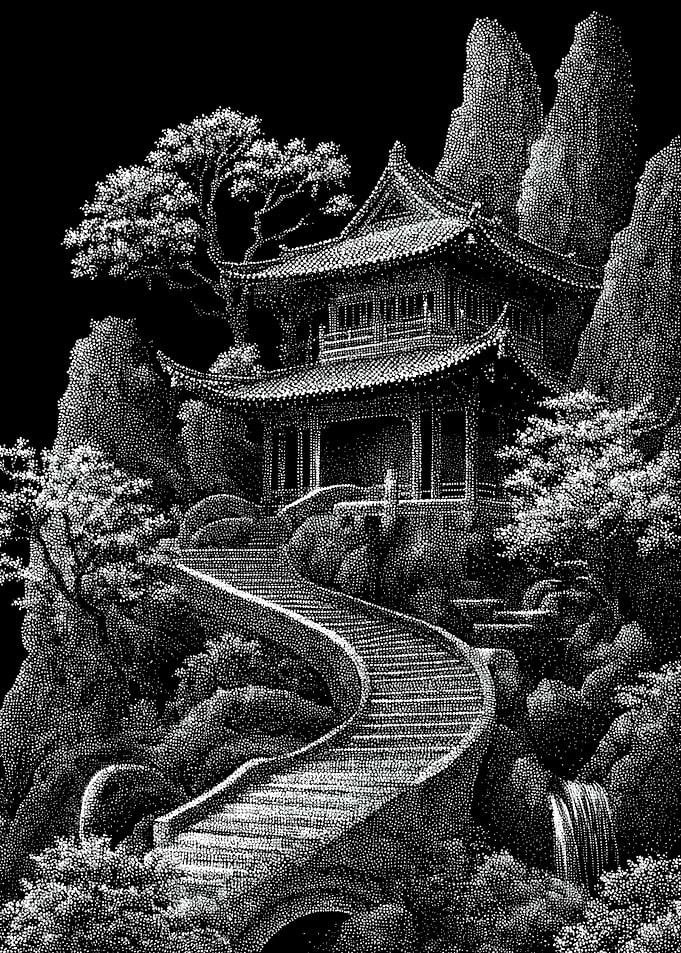 Serene Asian Mountain Temple In Stipple Dotwork