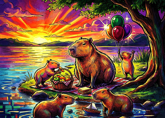 Capybara Family Picnic at Sunset