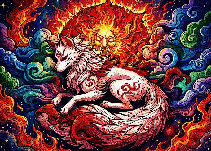 Mythical Kitsune Fox and Sun Deity