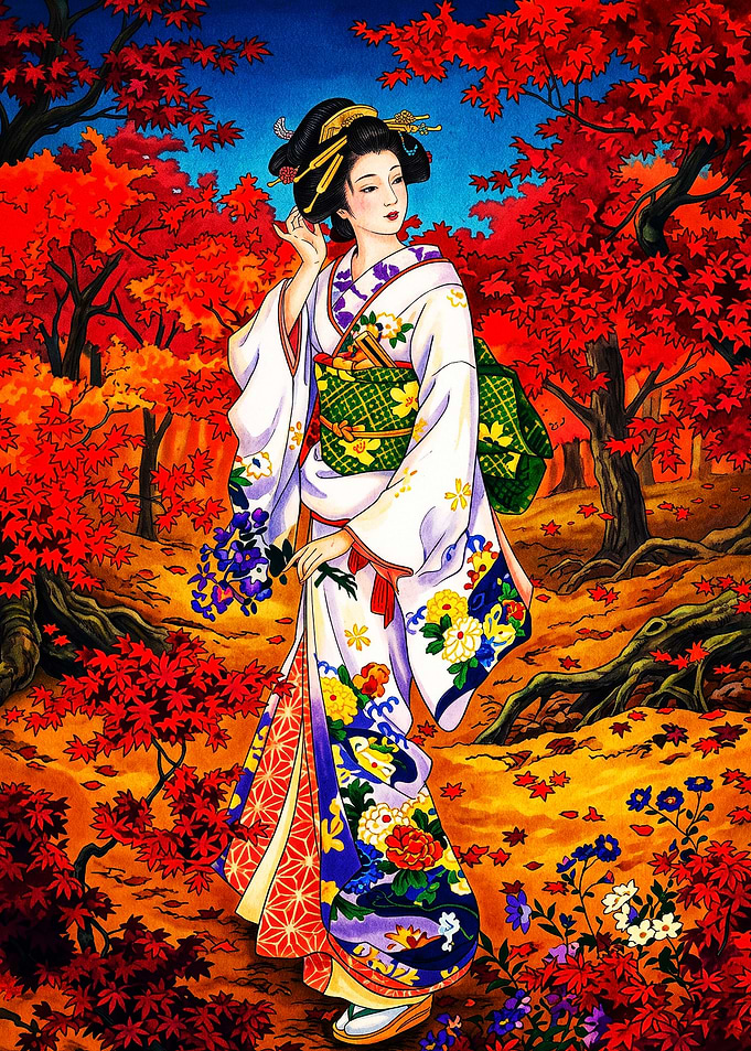 Geisha in Autumn Maple Forest